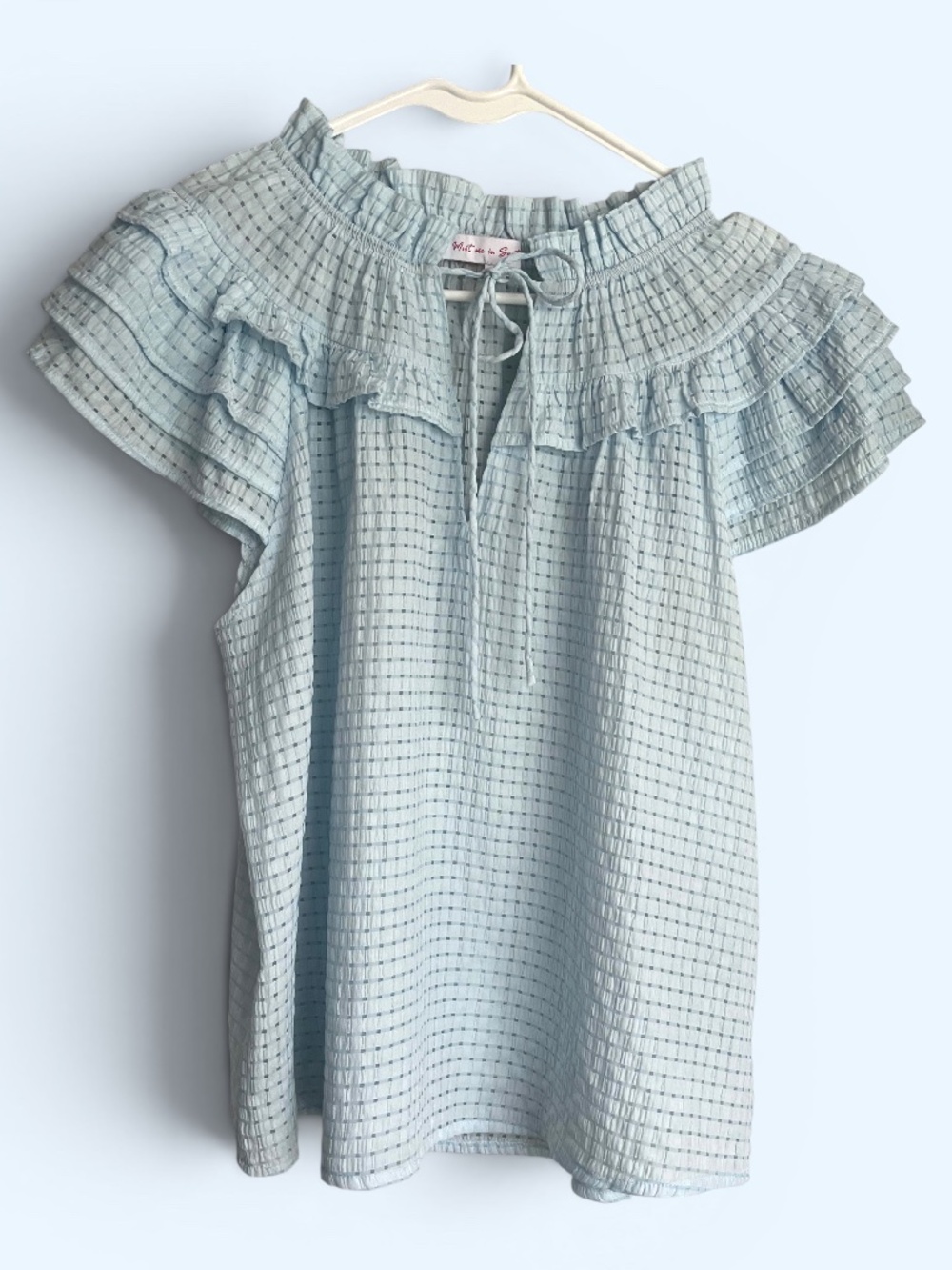 Meet Me In Santorini Baby Blue Flutter Sleeve Tie Front Blouse Size Medium